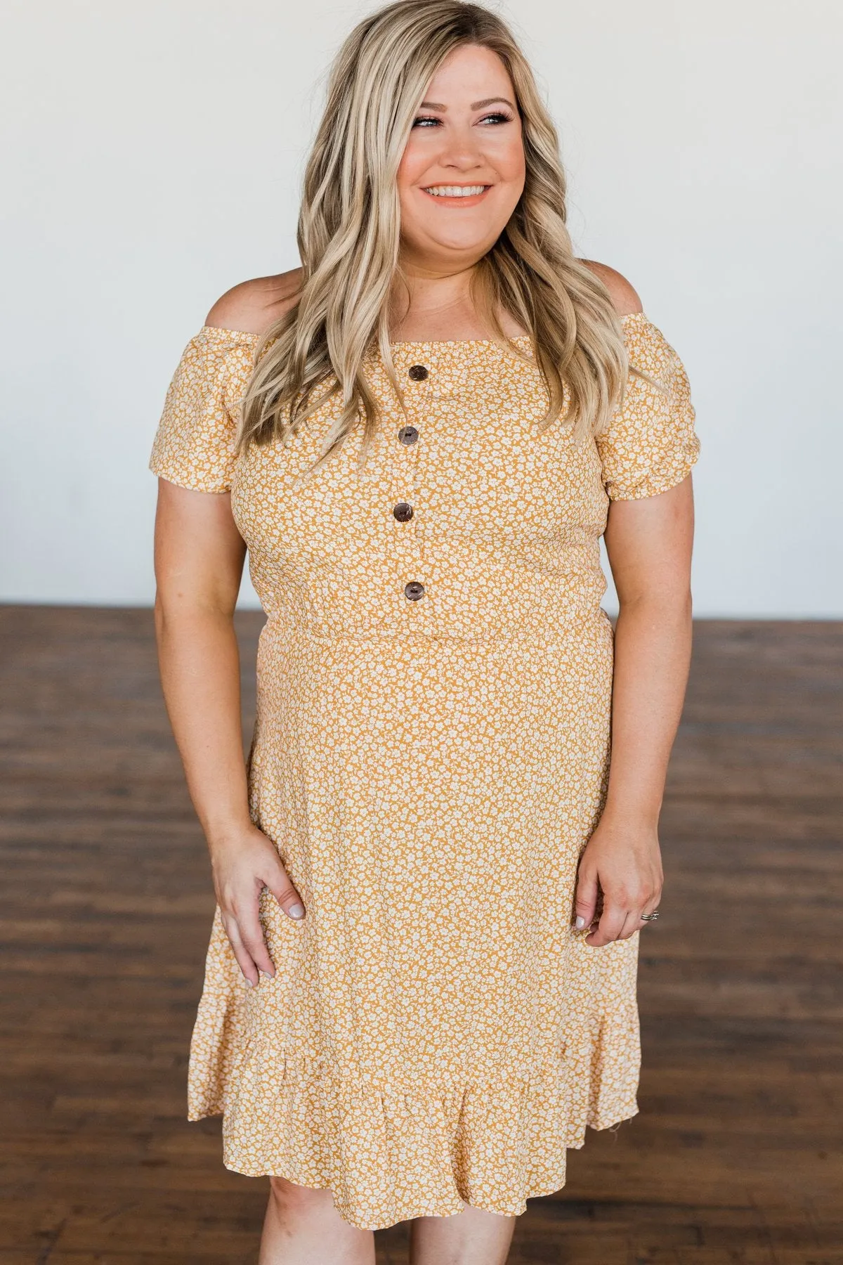 Swirl Into Season Off The Shoulder Dress- Mustard