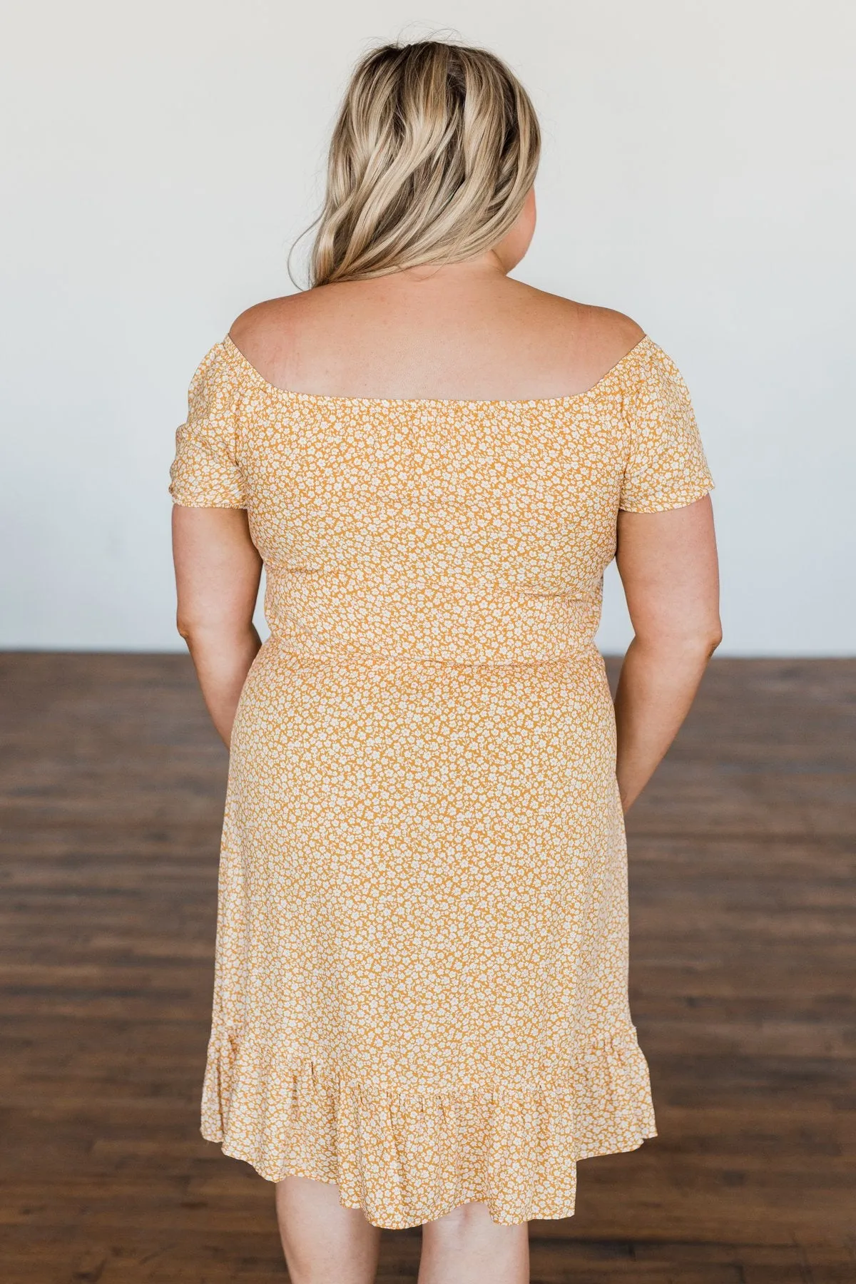 Swirl Into Season Off The Shoulder Dress- Mustard