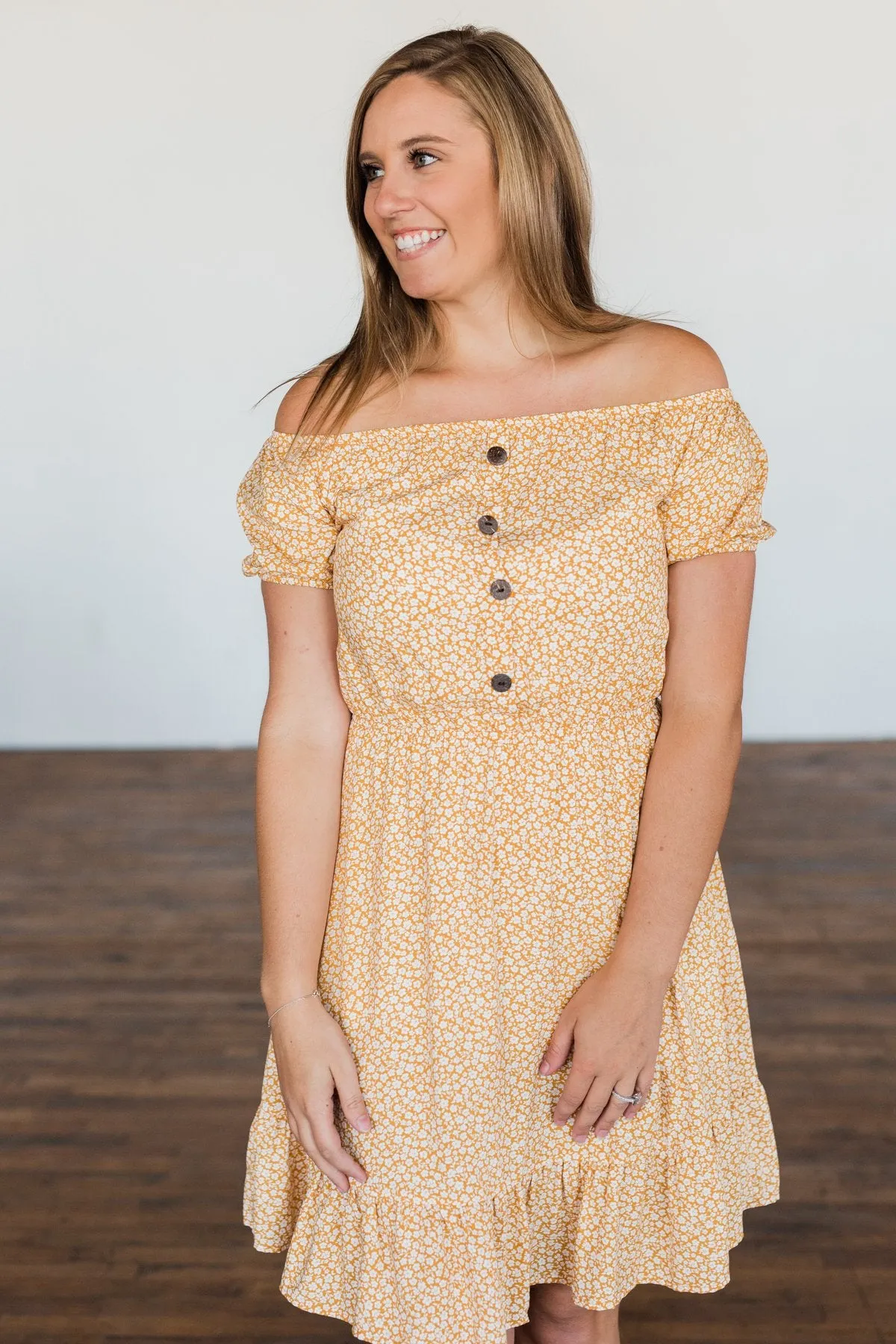 Swirl Into Season Off The Shoulder Dress- Mustard