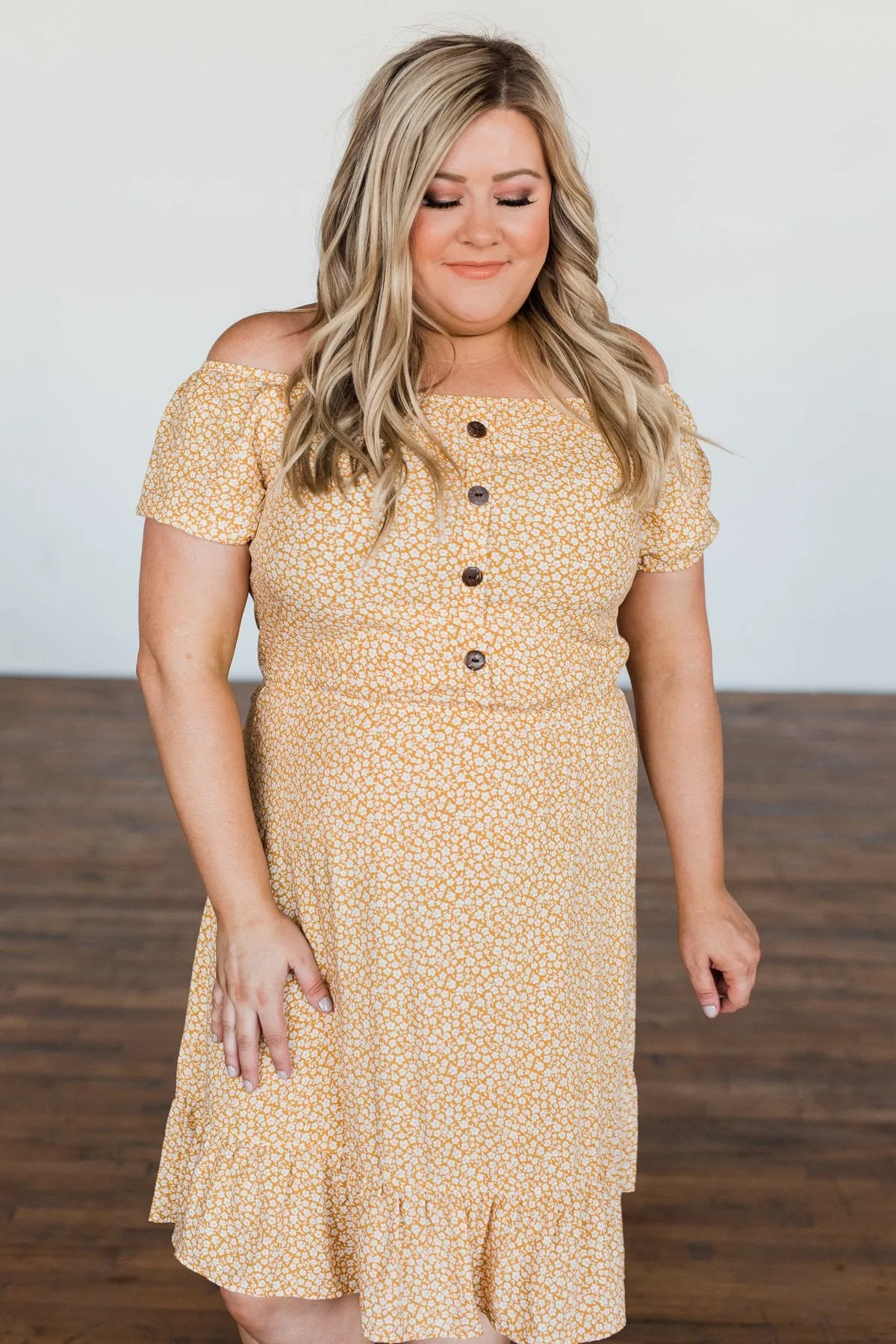 Swirl Into Season Off The Shoulder Dress- Mustard