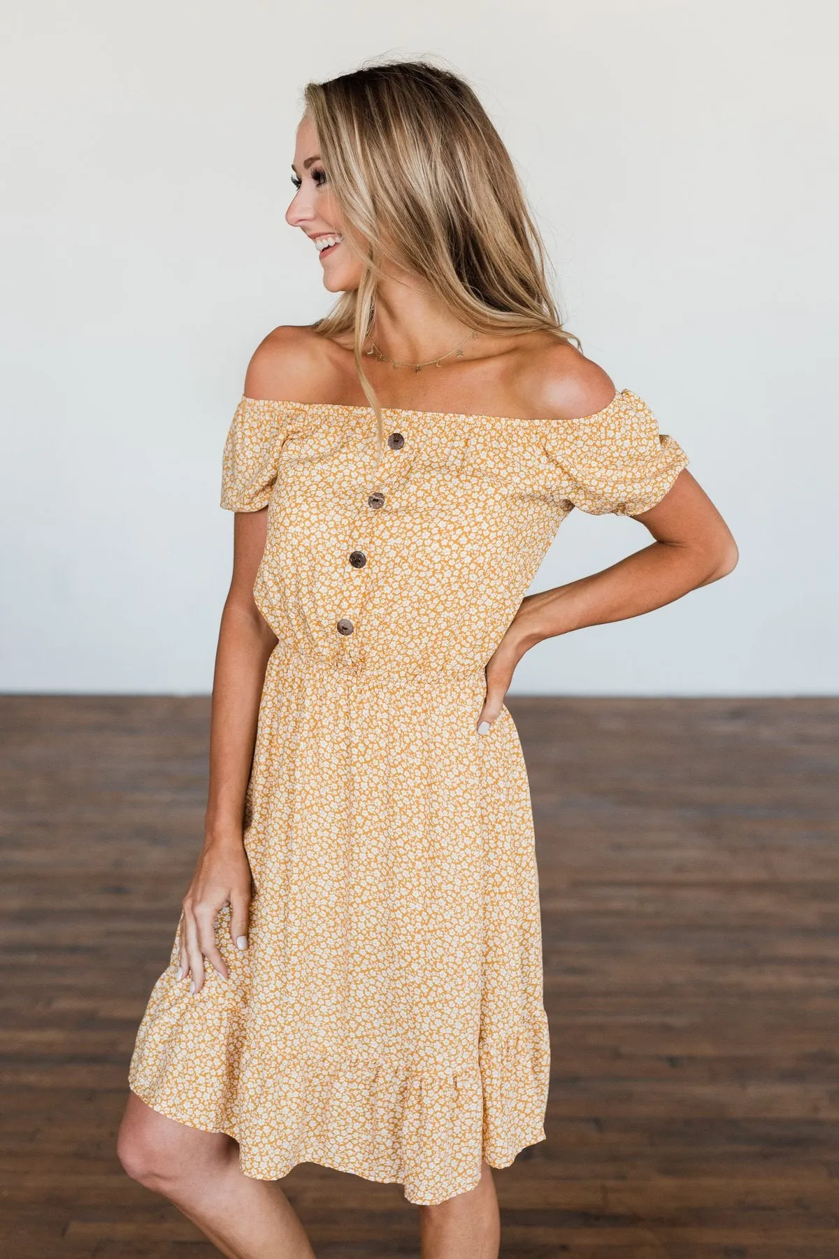 Swirl Into Season Off The Shoulder Dress- Mustard
