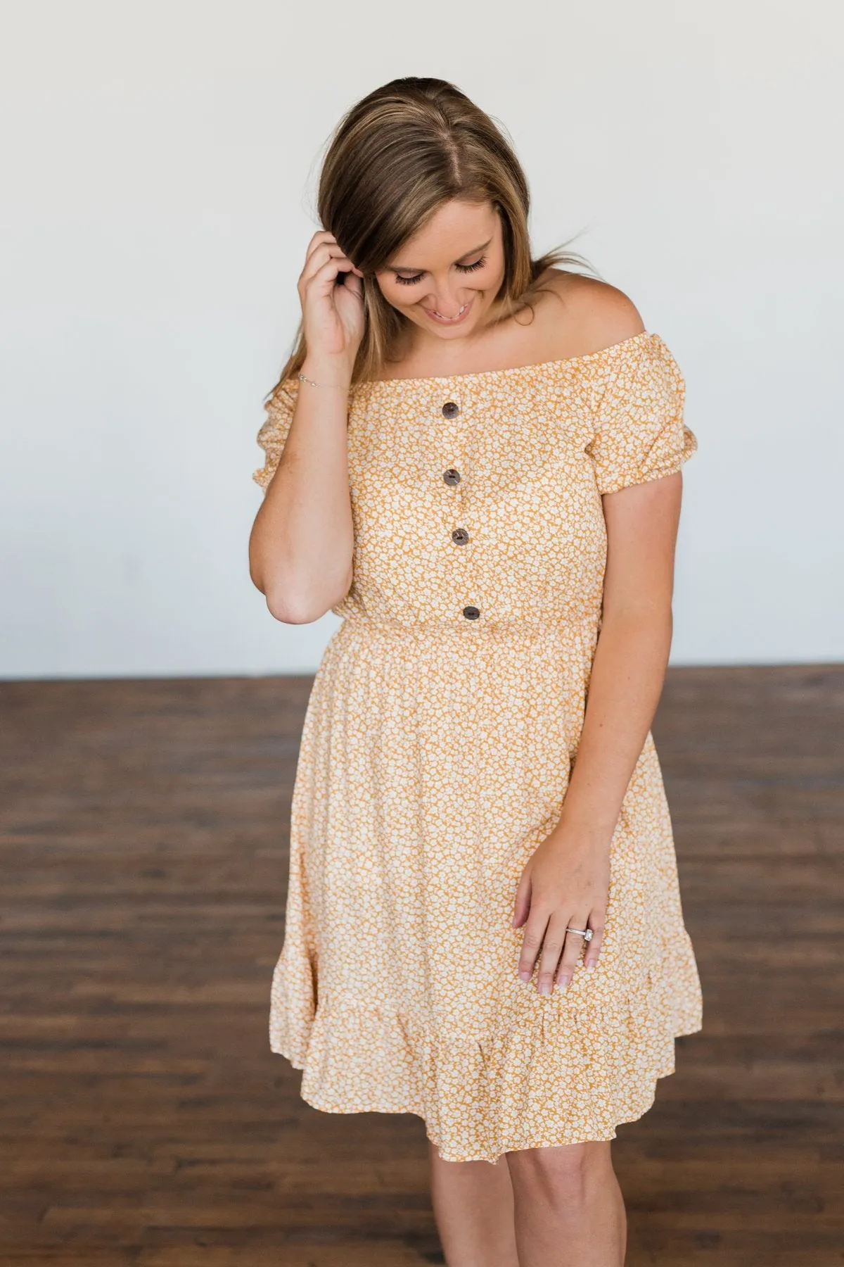 Swirl Into Season Off The Shoulder Dress- Mustard
