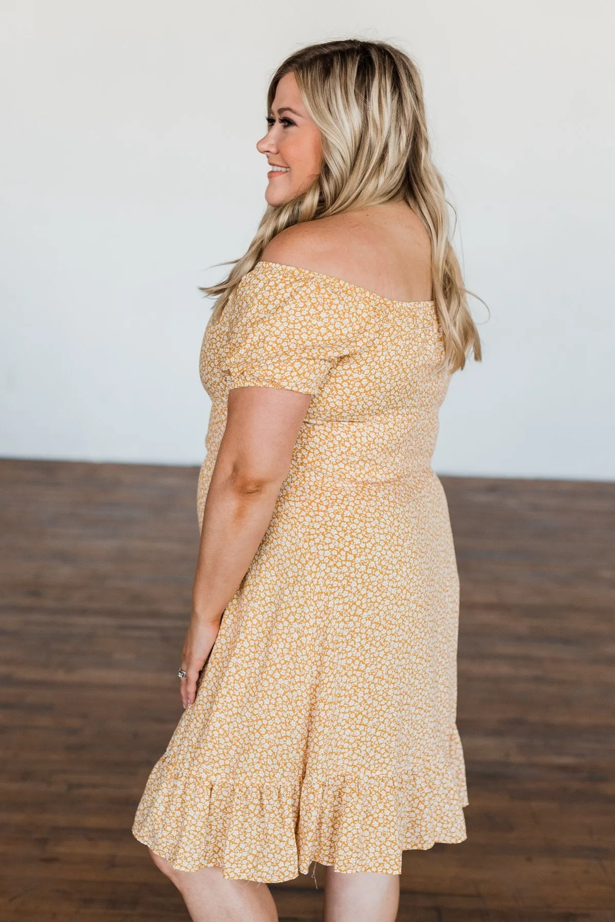Swirl Into Season Off The Shoulder Dress- Mustard