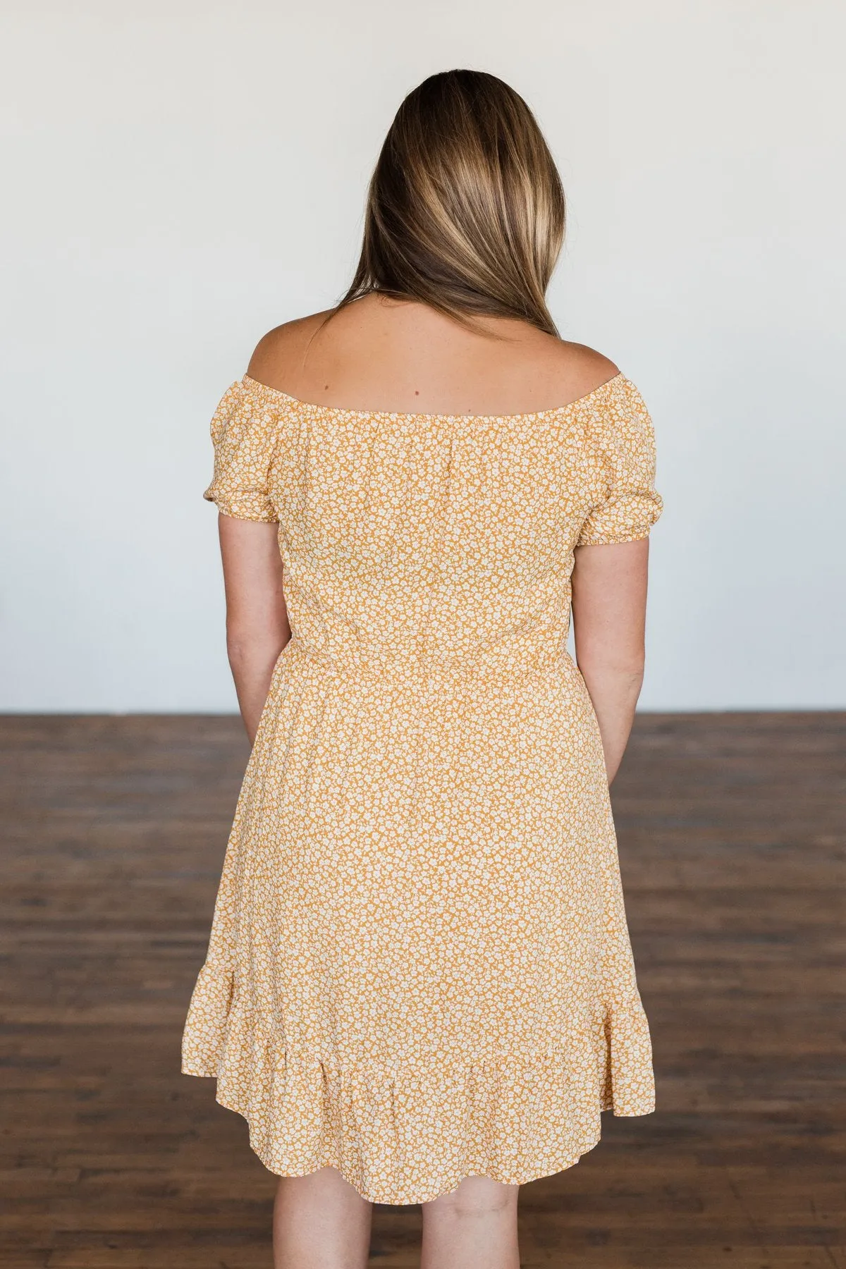Swirl Into Season Off The Shoulder Dress- Mustard