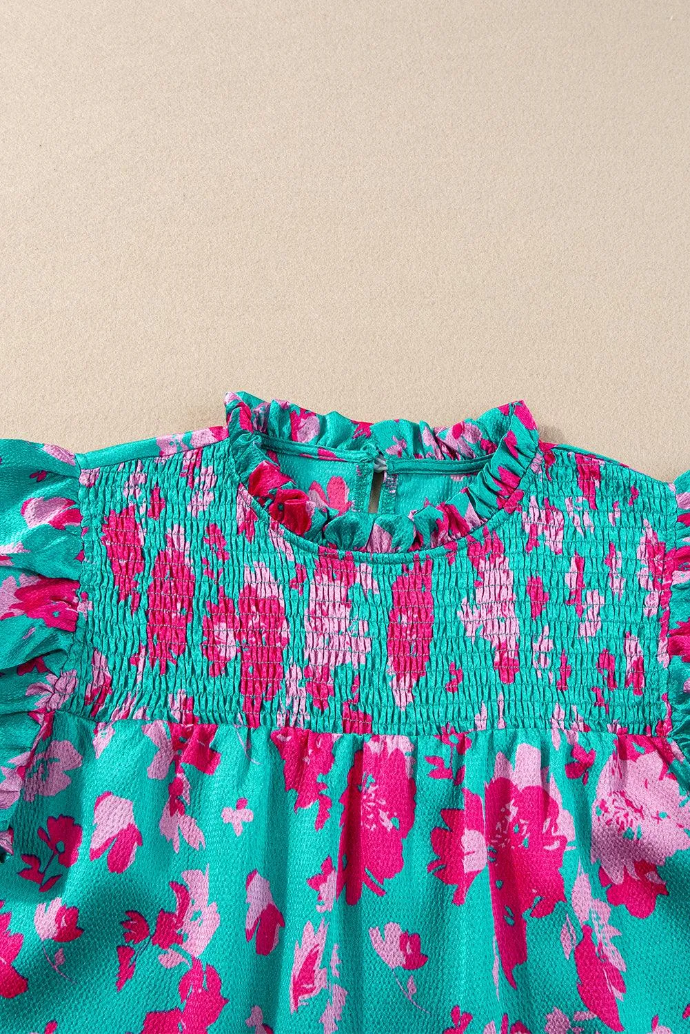 Sydney Ruffled Turquoise Floral Flutter Sleeve Blouse