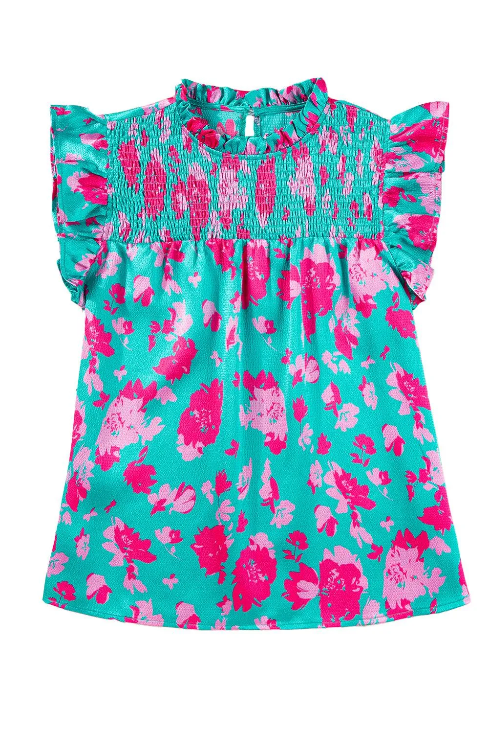 Sydney Ruffled Turquoise Floral Flutter Sleeve Blouse