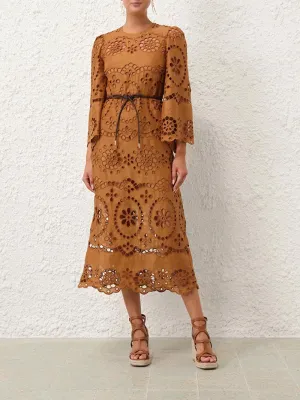 Tan Pop Embroidered Midi Dress