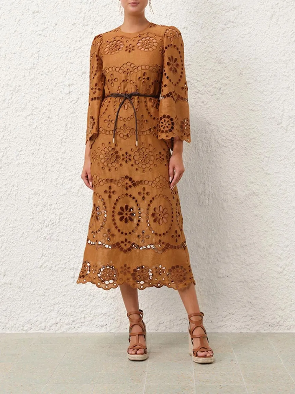 Tan Pop Embroidered Midi Dress