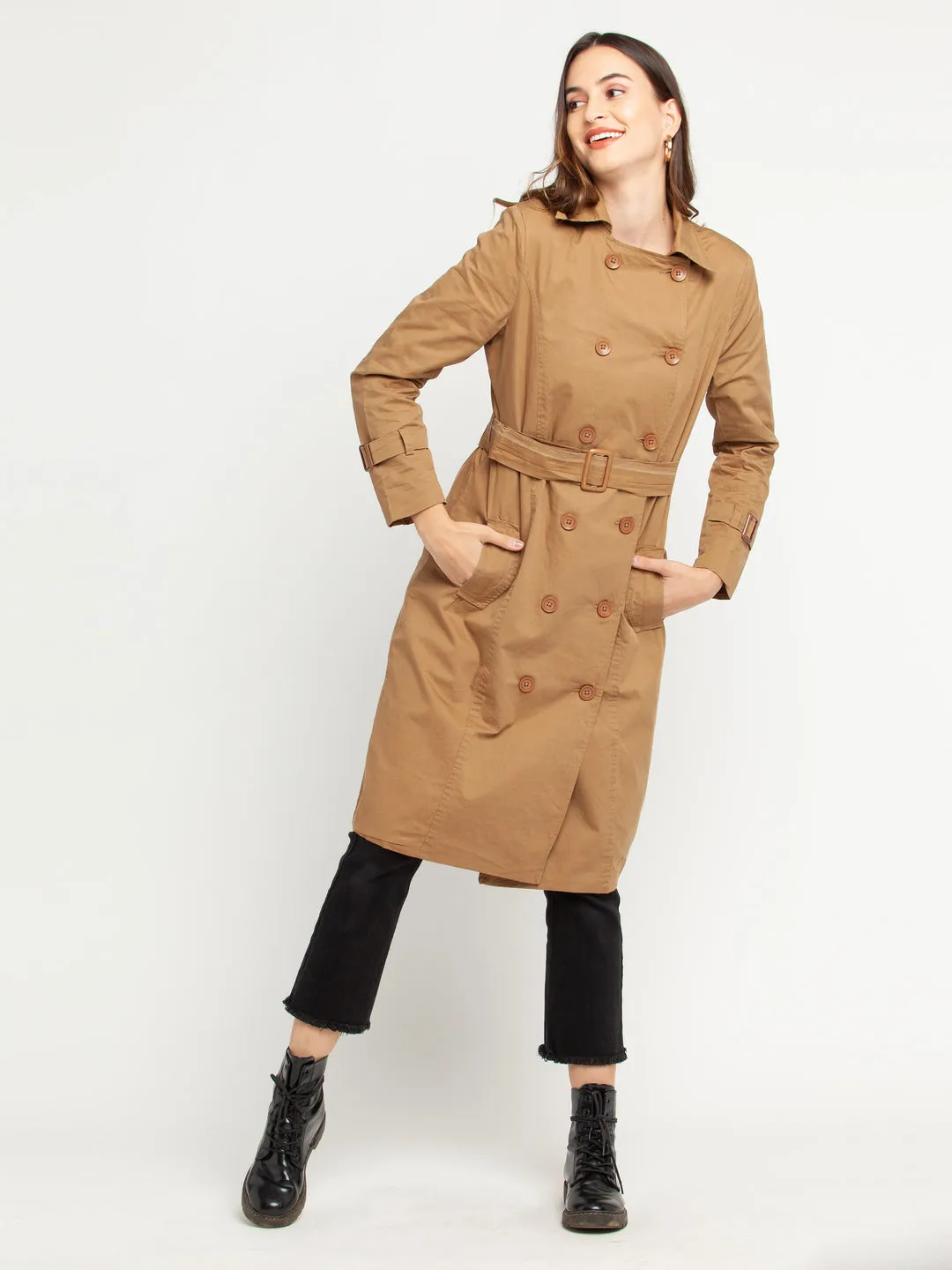 Tan Solid Trench Coat