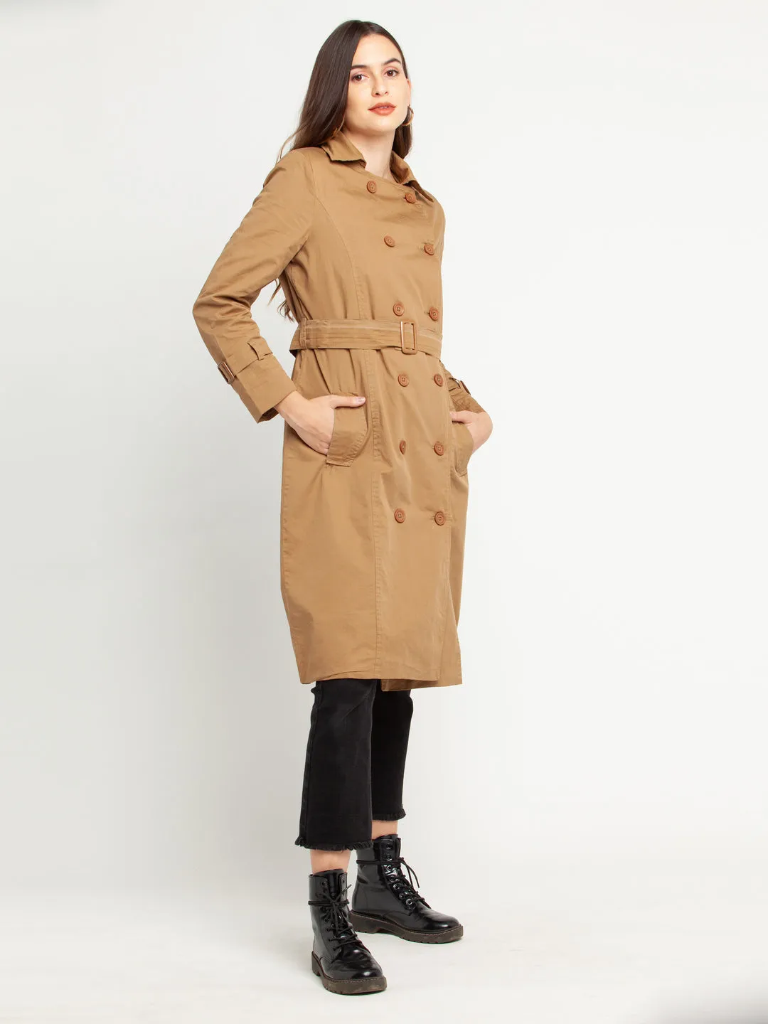 Tan Solid Trench Coat