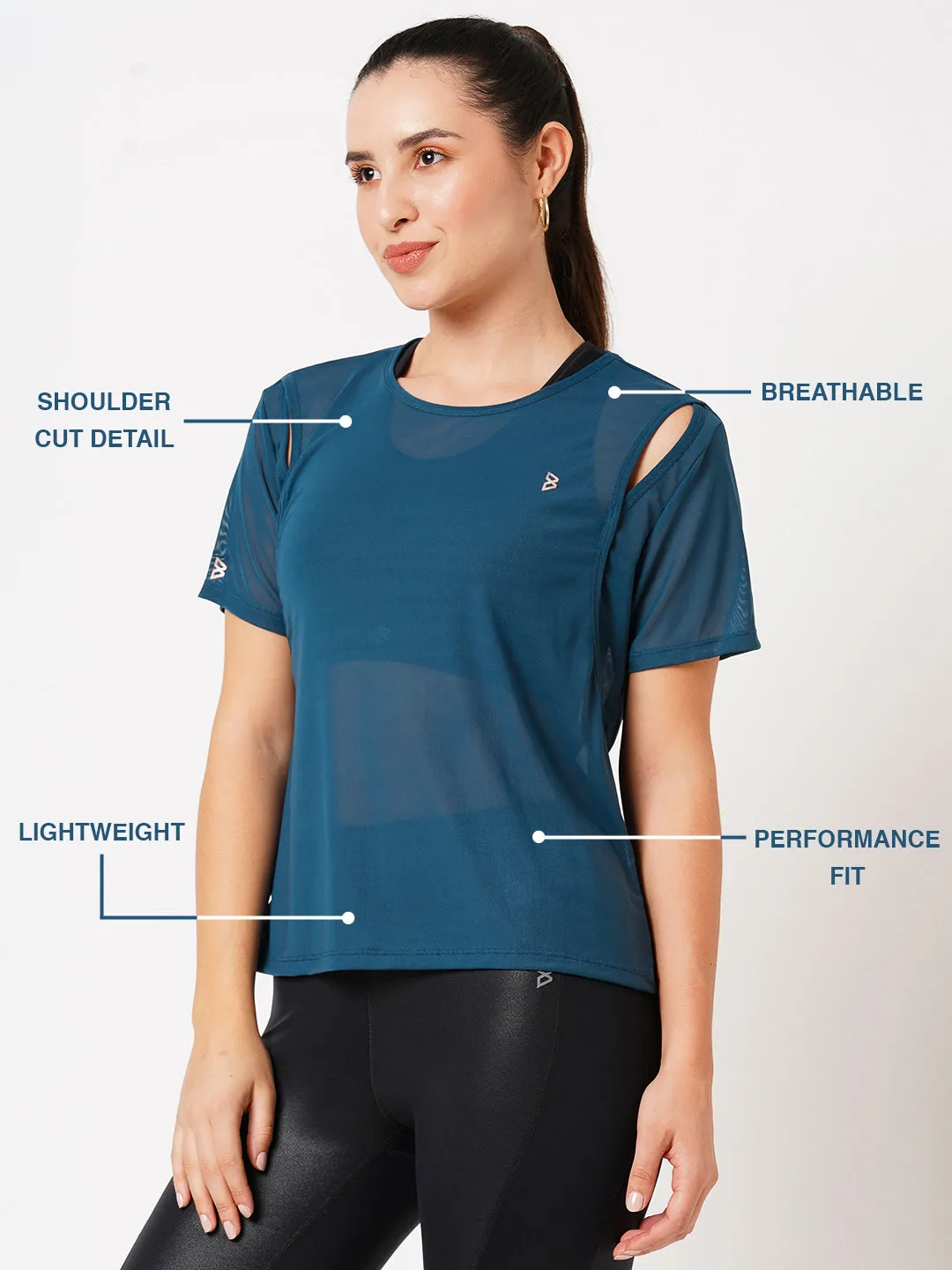 Teal Cut Out Mesh Tee