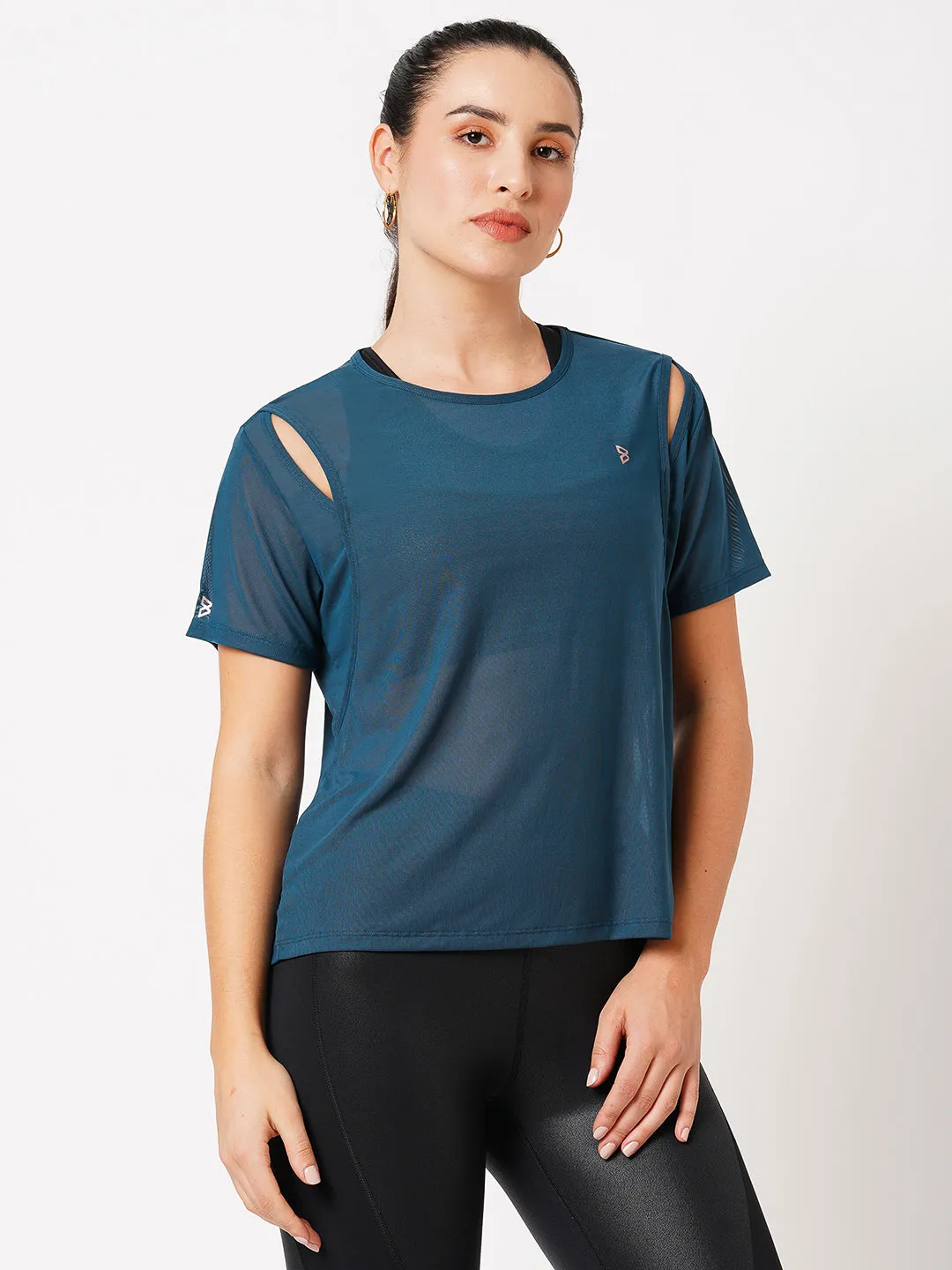 Teal Cut Out Mesh Tee