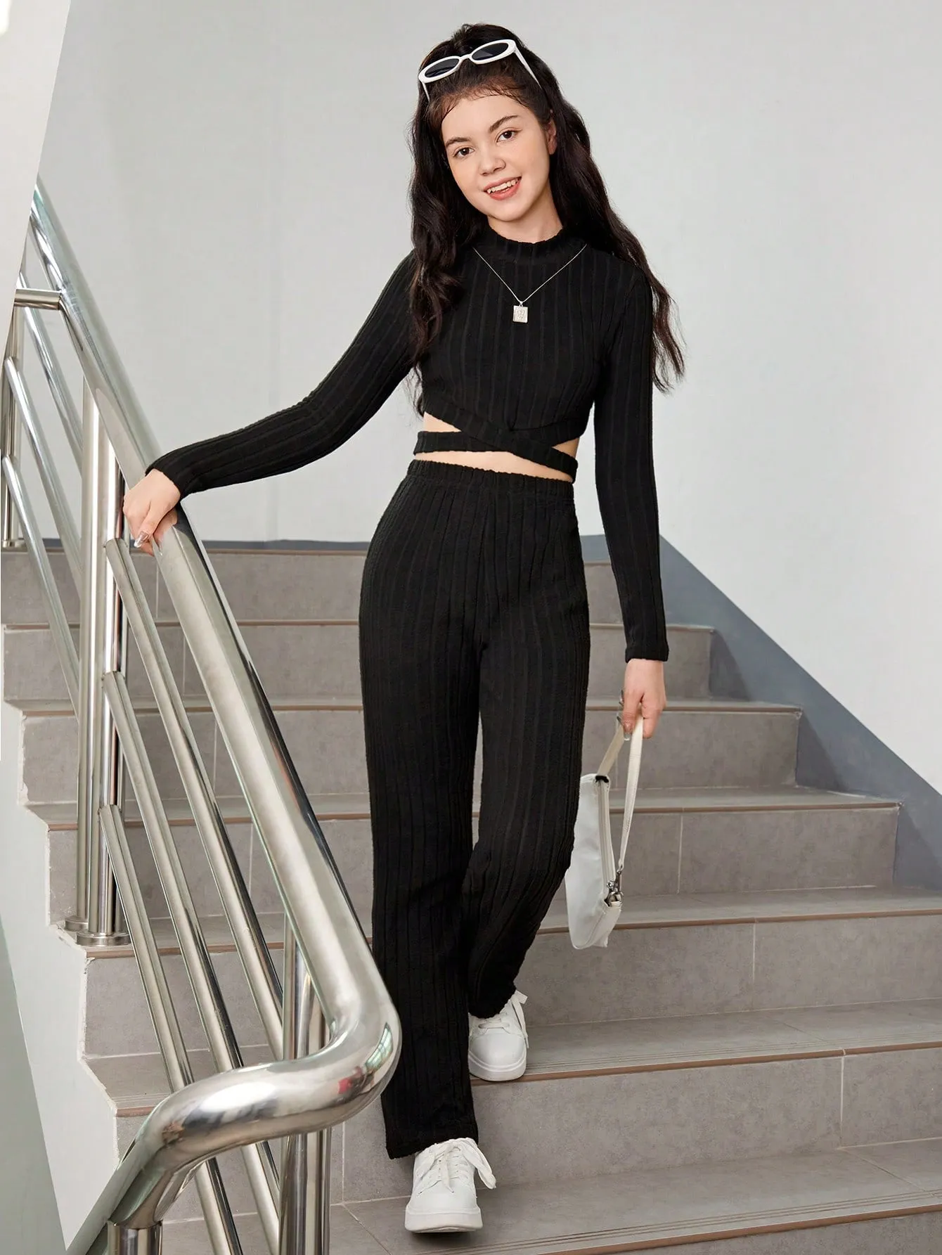 Teen Girl Criss Cross Cut Out Mock Neck Crop Tee & Pants