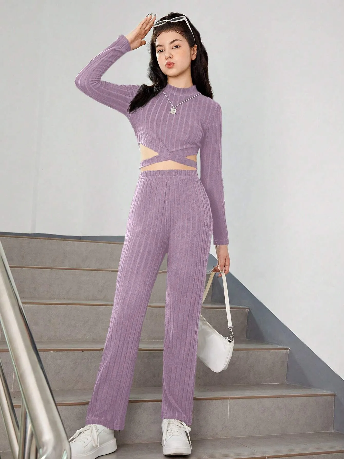 Teen Girl Criss Cross Cut Out Mock Neck Crop Tee & Pants