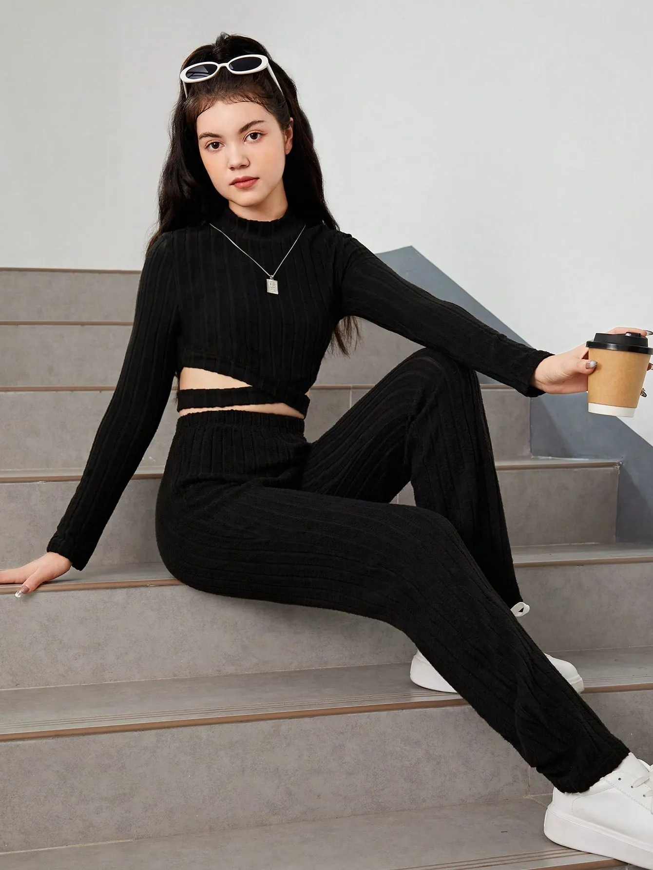 Teen Girl Criss Cross Cut Out Mock Neck Crop Tee & Pants