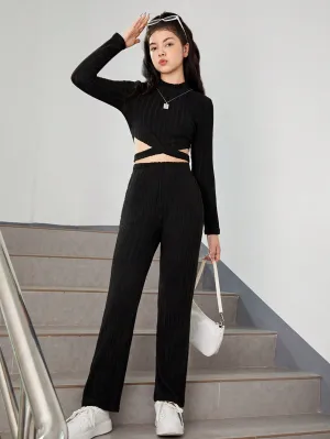 Teen Girl Criss Cross Cut Out Mock Neck Crop Tee & Pants