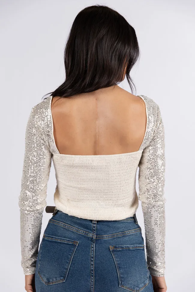 Tidings To You Champagne Smocked Back Sequin Top  FINAL SALE