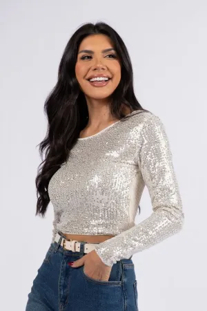 Tidings To You Champagne Smocked Back Sequin Top  FINAL SALE