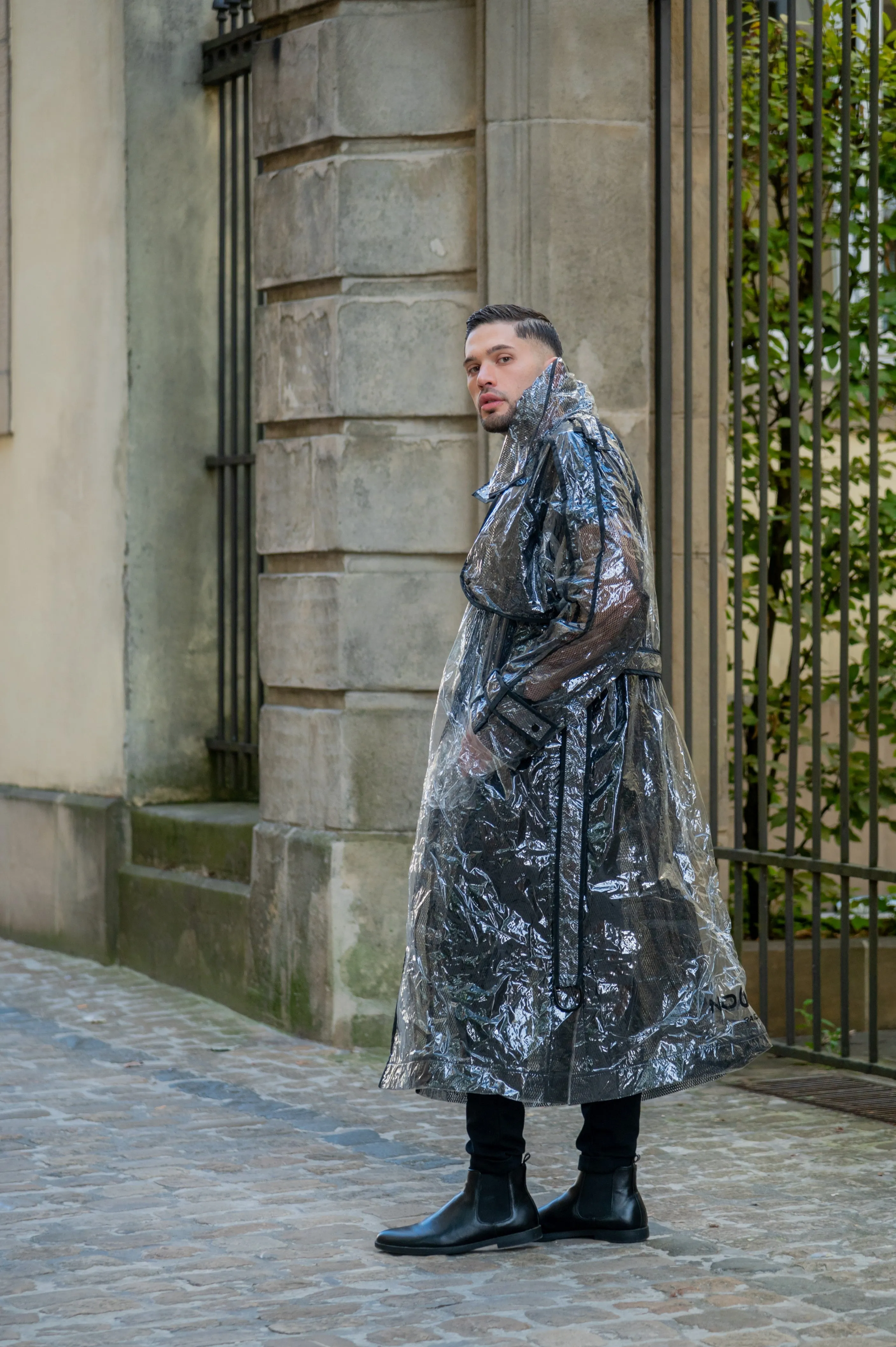 Trench coat. Black Mesh.