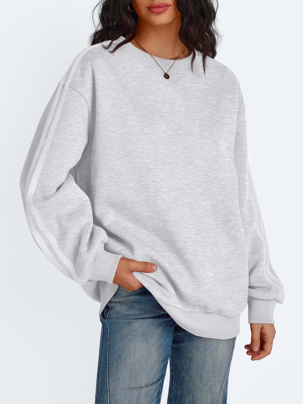 Trendy Queen Sweatshirt for Women Oversized Crewneck Striped Shirts Pullover Sweaters Fall Fashion 2024 Clothes y2k Hoodies Teen Girls Outfits Cute Long Sleeve Tops Grey