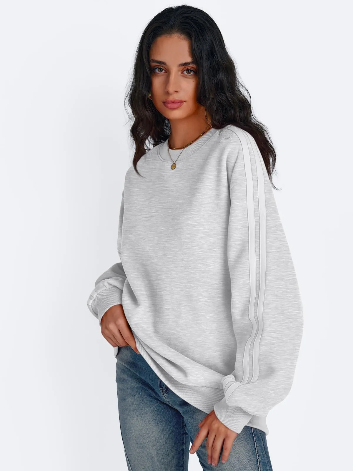 Trendy Queen Sweatshirt for Women Oversized Crewneck Striped Shirts Pullover Sweaters Fall Fashion 2024 Clothes y2k Hoodies Teen Girls Outfits Cute Long Sleeve Tops Grey