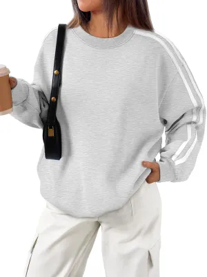 Trendy Queen Sweatshirt for Women Oversized Crewneck Striped Shirts Pullover Sweaters Fall Fashion 2024 Clothes y2k Hoodies Teen Girls Outfits Cute Long Sleeve Tops Grey