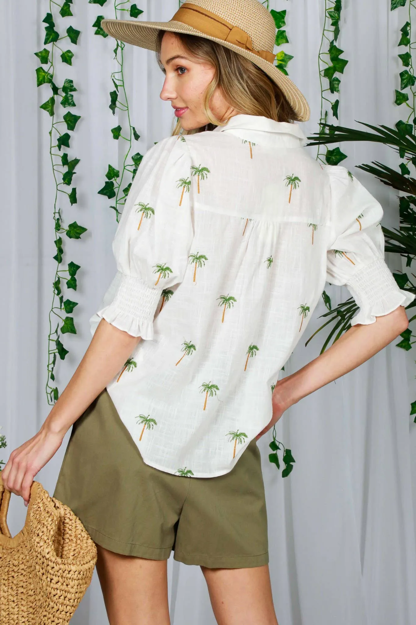 Tropical Palm Tree Embroidered Cotton Blouse in Off White