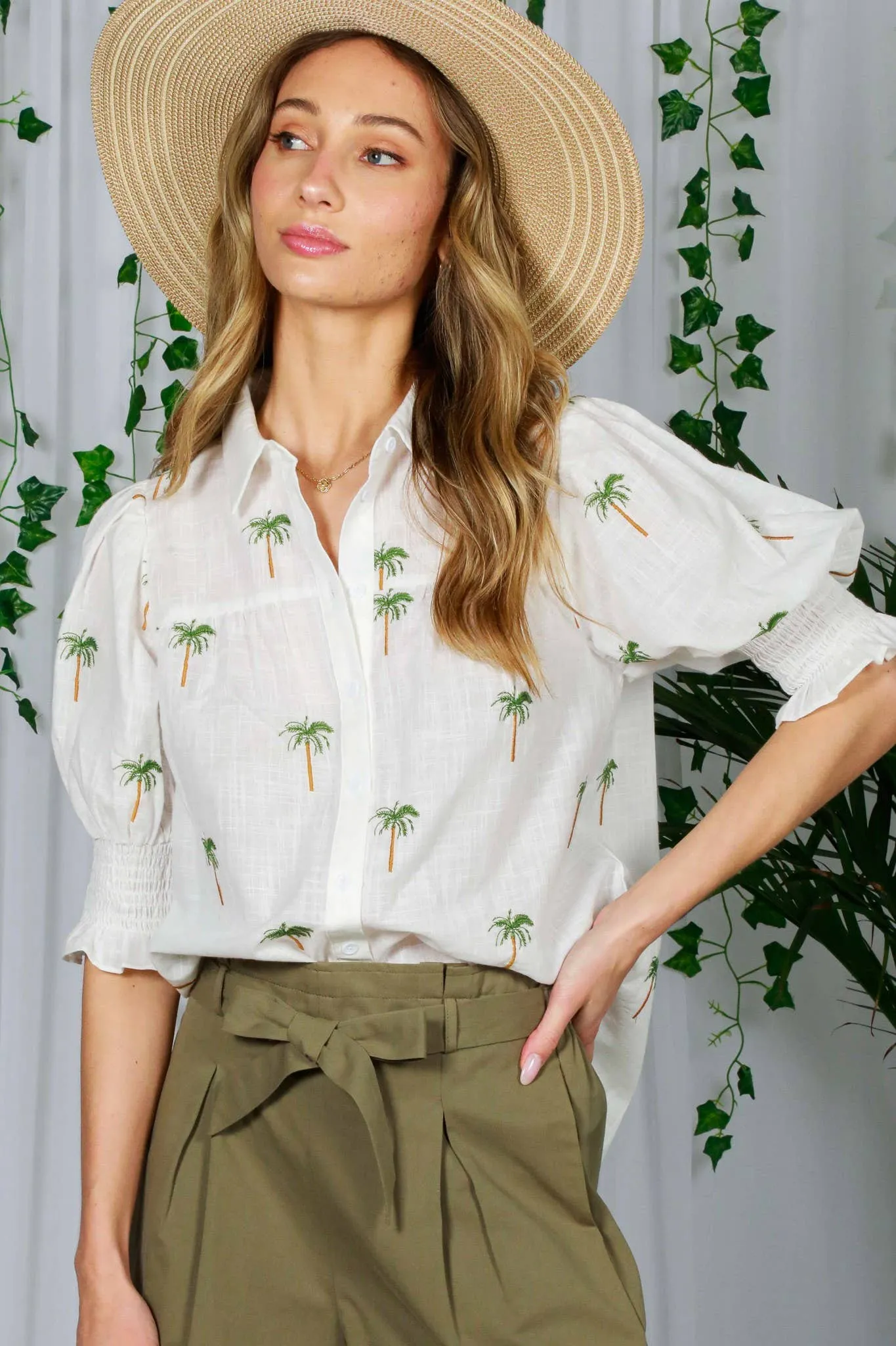 Tropical Palm Tree Embroidered Cotton Blouse in Off White