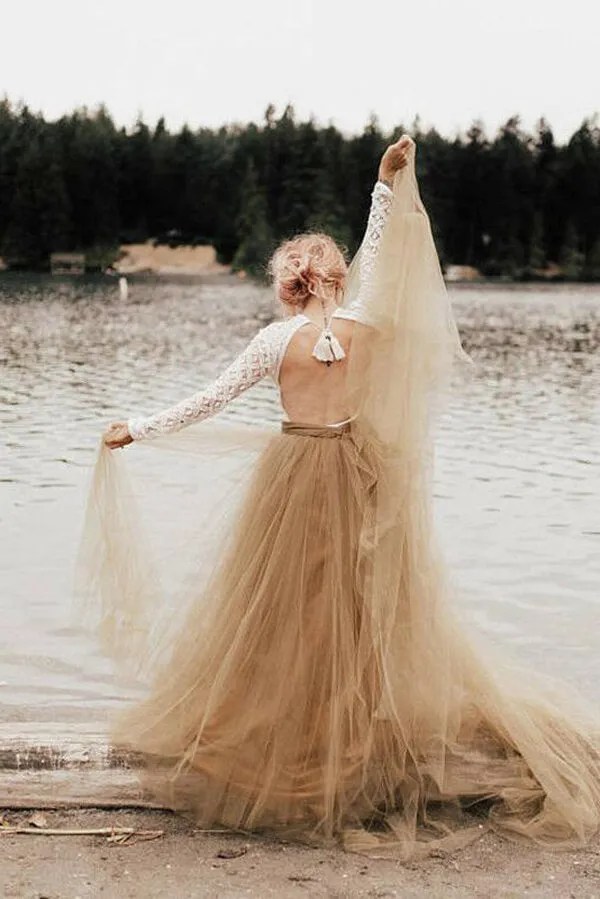 Tulle A-Line Two Pieces Long Sleeves Backless Wedding Dresses, MW530