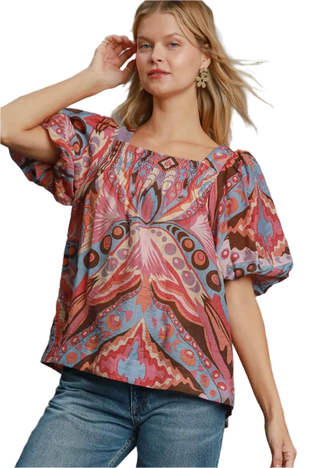 Umgee Abstract Print Smocked Square Neck Puff Sleeve Blouse