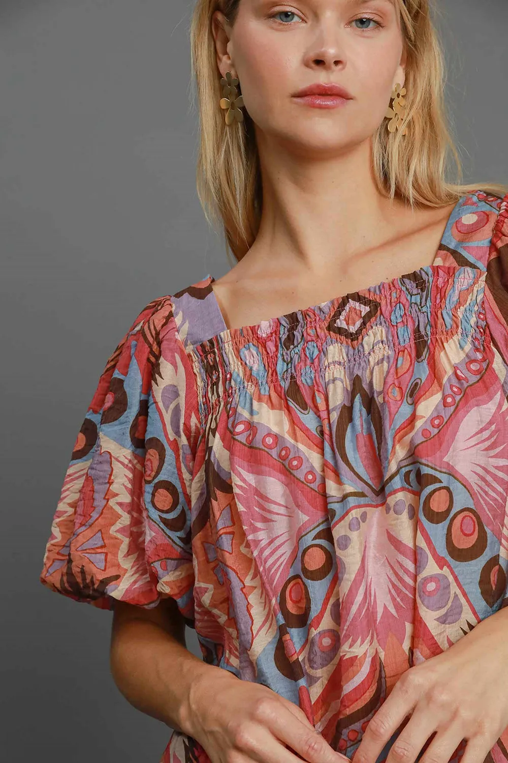 Umgee Abstract Print Smocked Square Neck Puff Sleeve Blouse
