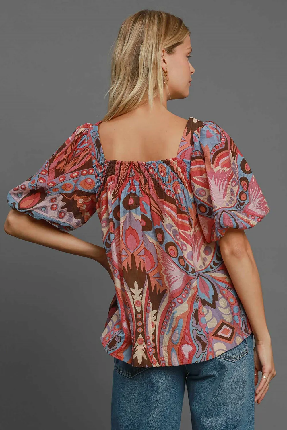 Umgee Abstract Print Smocked Square Neck Puff Sleeve Blouse