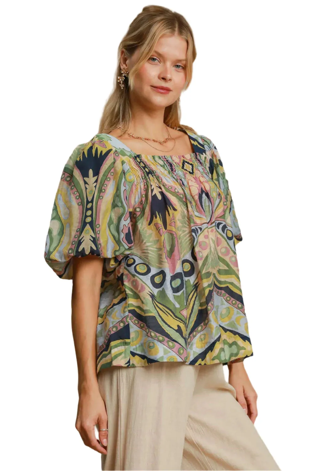 Umgee Abstract Print Smocked Square Neck Puff Sleeve Blouse