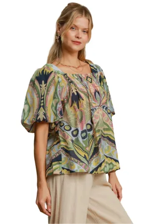 Umgee Abstract Print Smocked Square Neck Puff Sleeve Blouse
