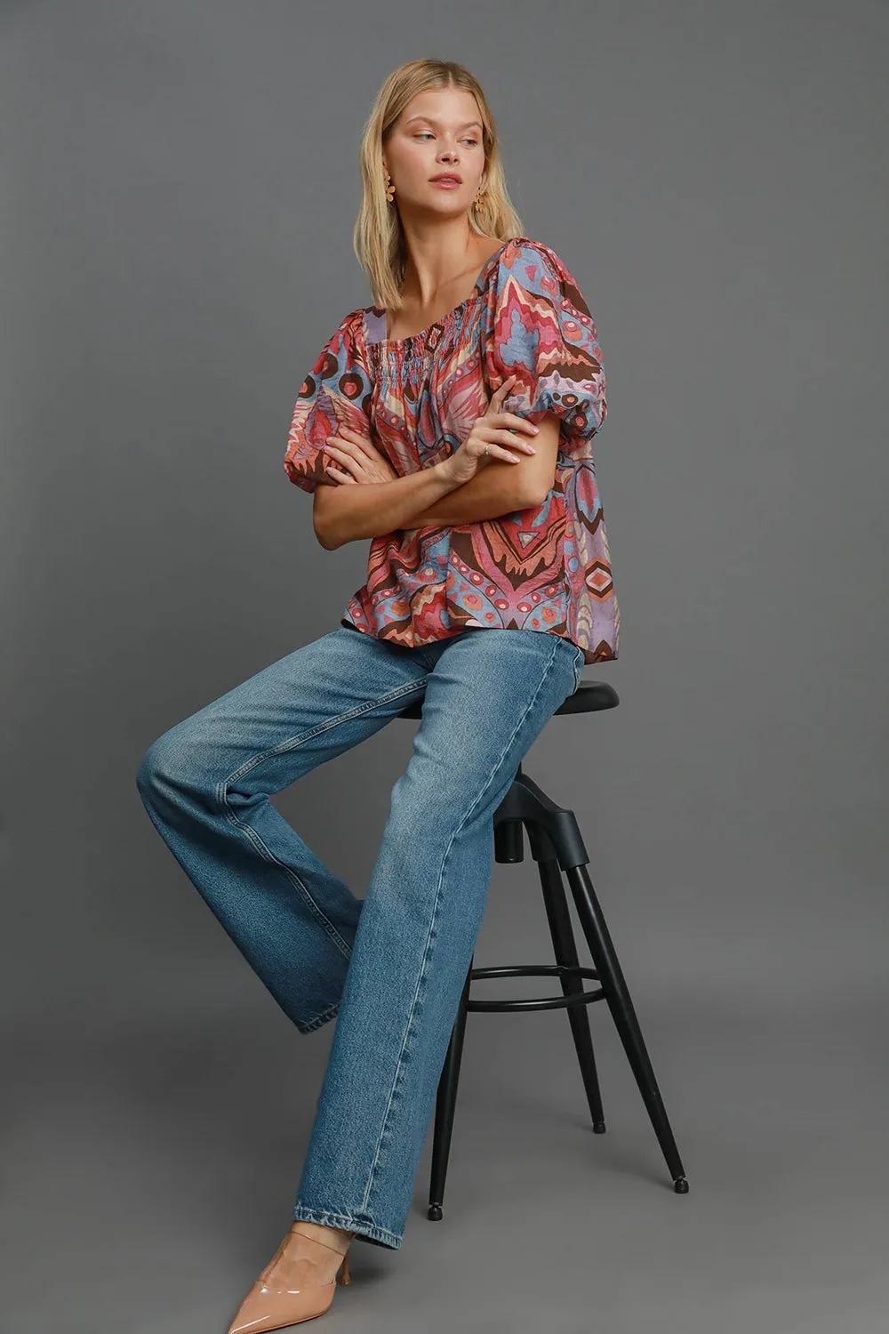 Umgee Abstract Print Smocked Square Neck Puff Sleeve Blouse