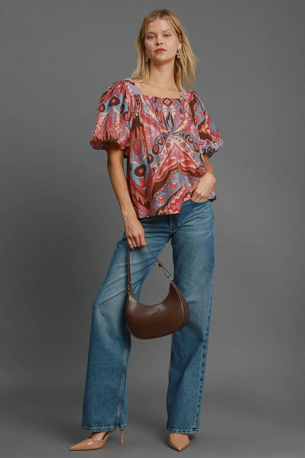 Umgee Abstract Print Smocked Square Neck Puff Sleeve Blouse