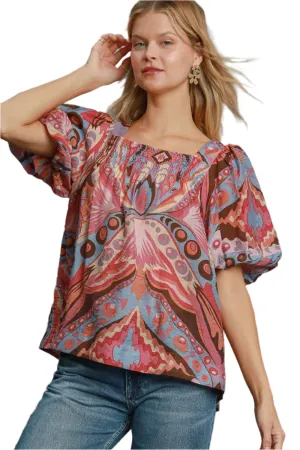 Umgee Abstract Print Smocked Square Neck Puff Sleeve Blouse