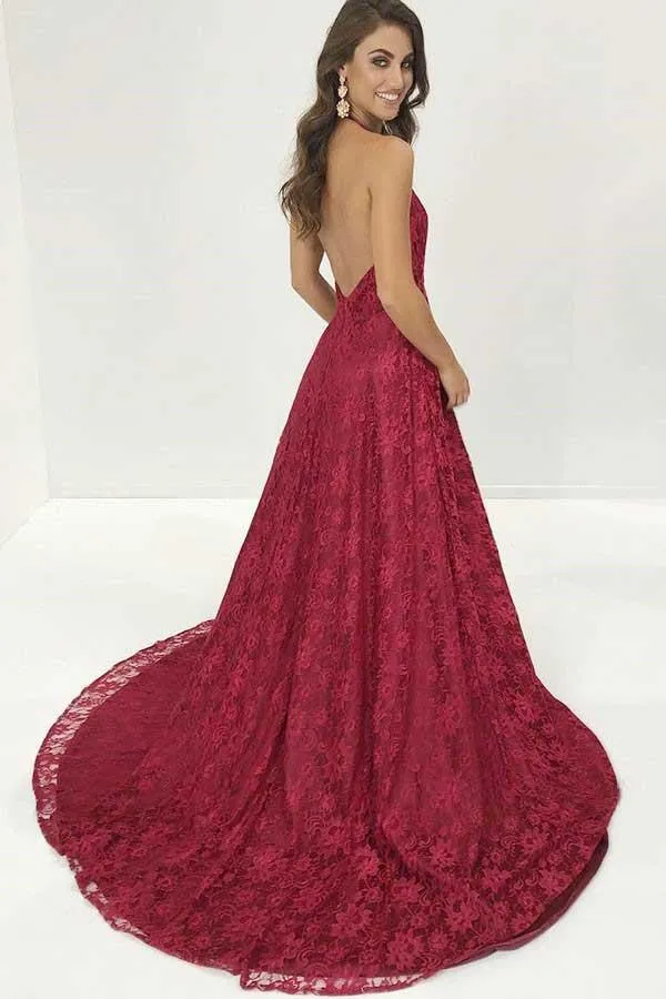V-Neck Burgundy Deep Lace Sweep Train Backless Long Prom Gown, MP450