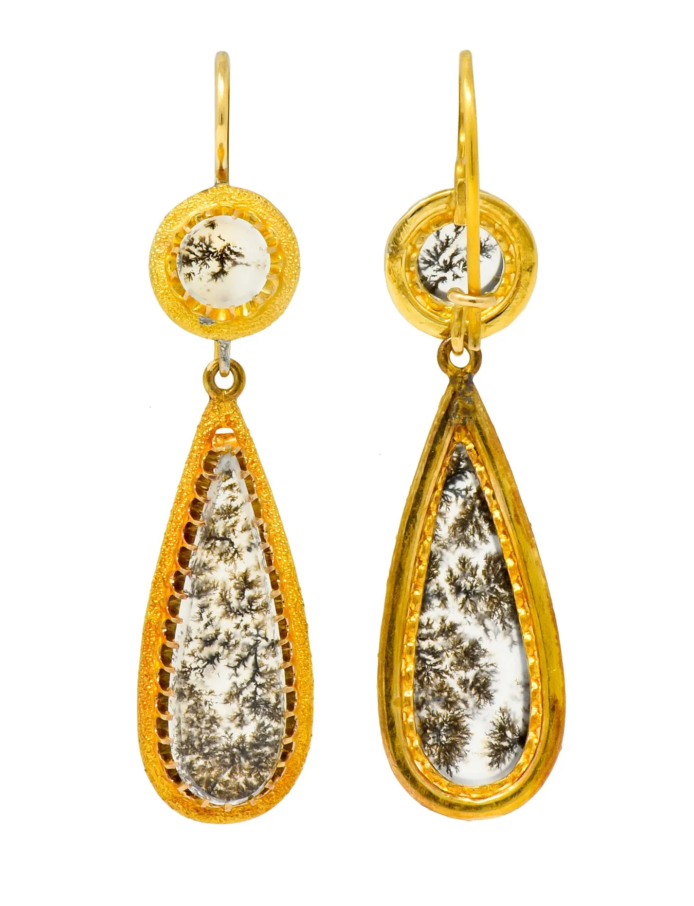 Victorian Dendritic Agate 18 Karat Gold Articulated Day Night Drop Earrings
