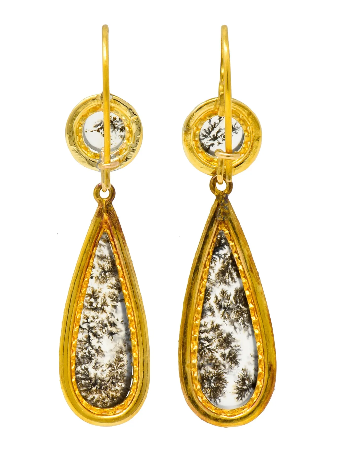 Victorian Dendritic Agate 18 Karat Gold Articulated Day Night Drop Earrings