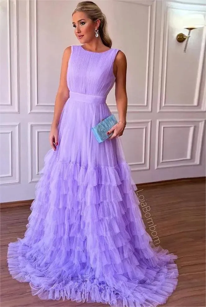 Vintage Lavender Tulle Prom Dresses O-Neck Tiered A-Line Floor Length Formal Occasion Dresses
