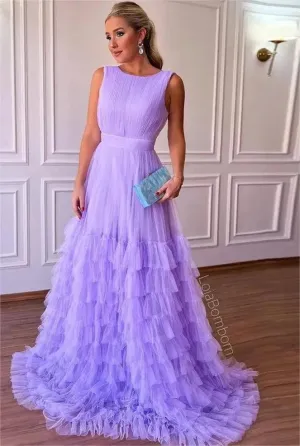 Vintage Lavender Tulle Prom Dresses O-Neck Tiered A-Line Floor Length Formal Occasion Dresses