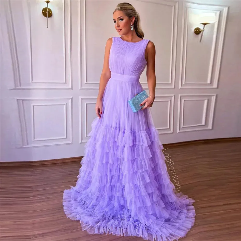 Vintage Lavender Tulle Prom Dresses O-Neck Tiered A-Line Floor Length Formal Occasion Dresses