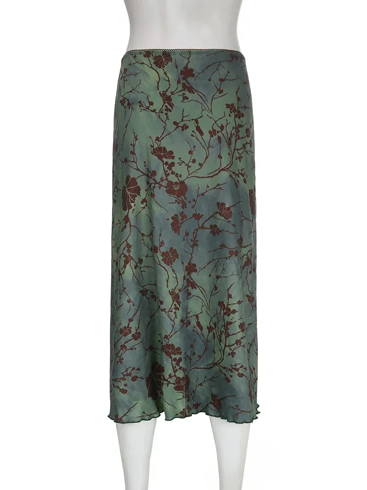 Vintage Long Skirt Green Floral Print Women Y2K High Street Grunge Fashion Elegant Mid-Calf Skirt