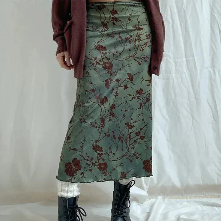 Vintage Long Skirt Green Floral Print Women Y2K High Street Grunge Fashion Elegant Mid-Calf Skirt