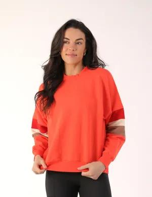 Vintage Oversized Crew: Hot Coral with Scarlet/Oatmilk/Mocha Stripes