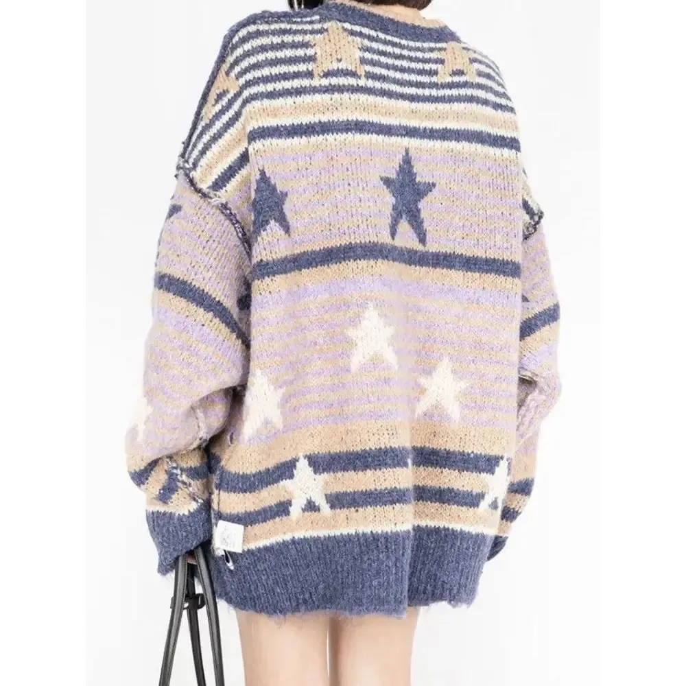 Vintage Stars Striped Knitted Sweater for Cozy Nostalgic Style