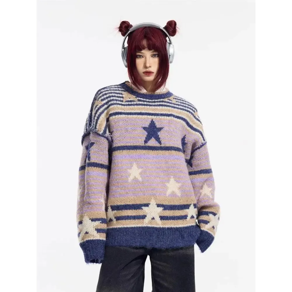 Vintage Stars Striped Knitted Sweater for Cozy Nostalgic Style