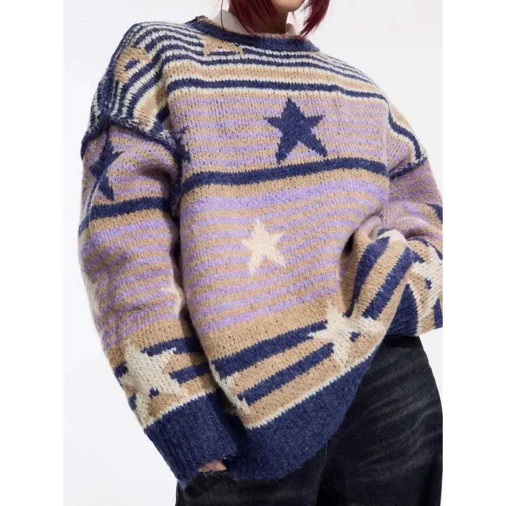 Vintage Stars Striped Knitted Sweater for Cozy Nostalgic Style