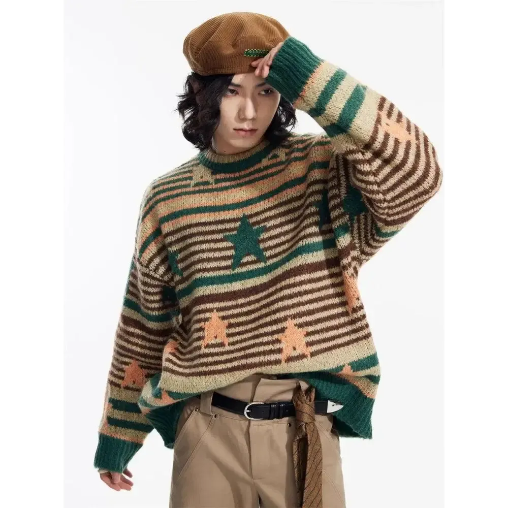 Vintage Stars Striped Knitted Sweater for Cozy Nostalgic Style